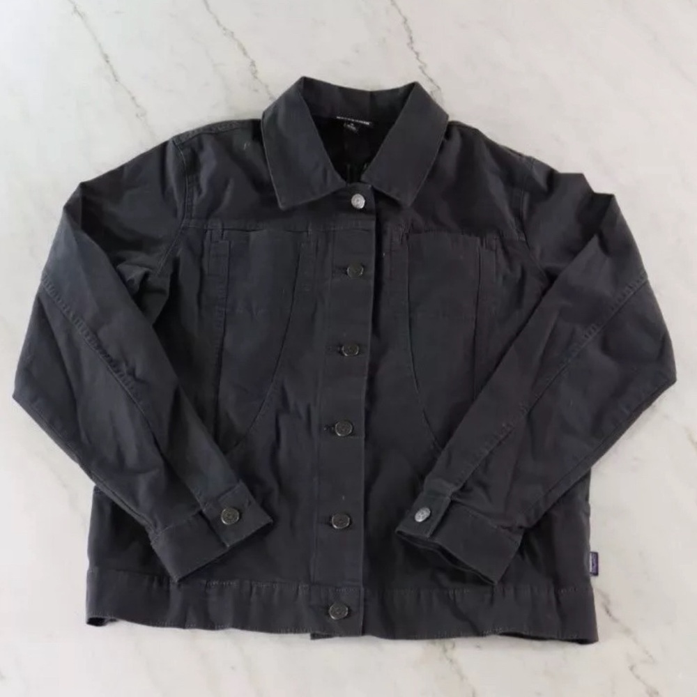 Patagonia Jacket Womens Medium Stand Up Dark Gray Shank Button Fair Trade Denim